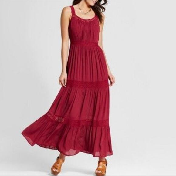 Knox Rose | Tiered Crepe Texture Cottagecore Maxi Dress Crochet Lace Accents - Picture 1 of 9